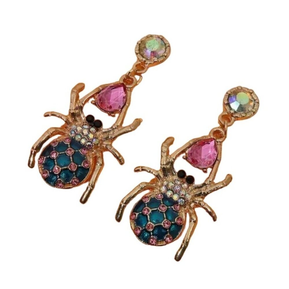 Spider Shaped Dangle Earrings With Rhinestones & Crystals